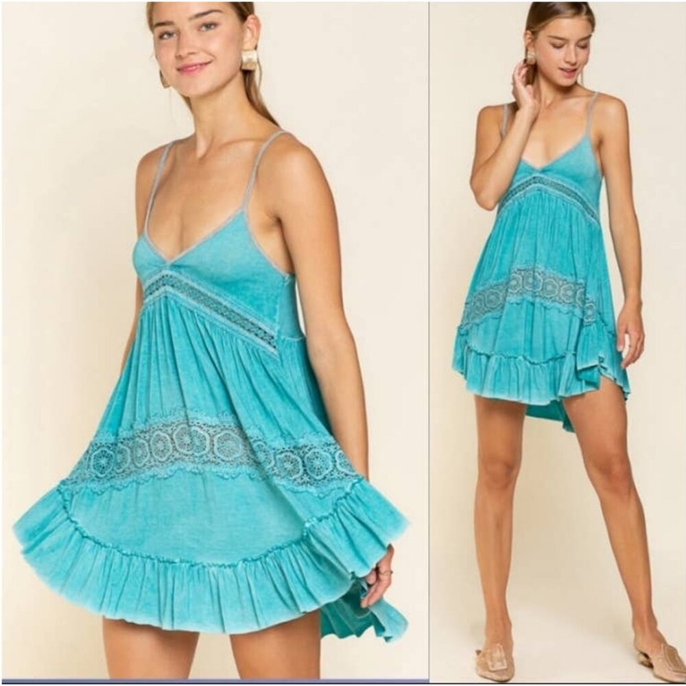 POL vintage wash crochet trim high low ruffle strappy sundress blue green large - Picture 5 of 5